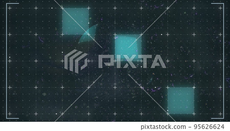 Illustration of illuminated squares with grid patterns in viewfinder against black background 95626624