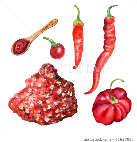 Powder red hot peppers in a bowl watercolor illustration isolated on white background. 95627083