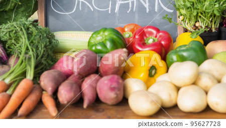 Close-up of organic text on slate and various fresh raw vegetable on table Close-up of organic text on slate and various fresh raw vegetable on table 95627728