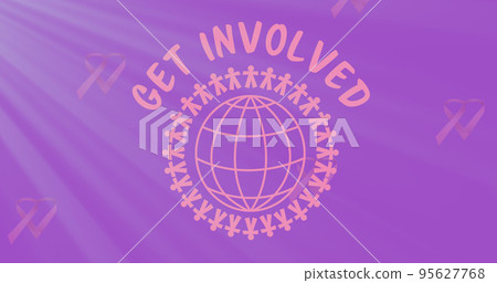 Illustration of get involved text with people chain around globe and ribbons forming heart shape 95627768
