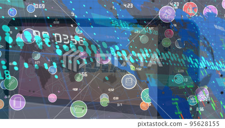 Image of graphs, connections with icons and world map over social media on smartphone 95628155