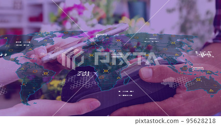 Image of data processing with world map over diverse people paying with smartphone 95628218