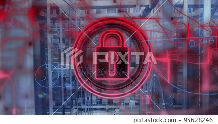 Image of data processing and padlock over server room 95628246