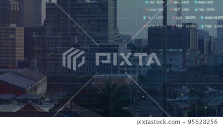 Image of finacial data processing over cityscape 95628256
