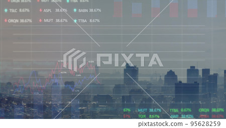Image of financial data processing over cityscape Image of financial data processing over cityscape 95628259