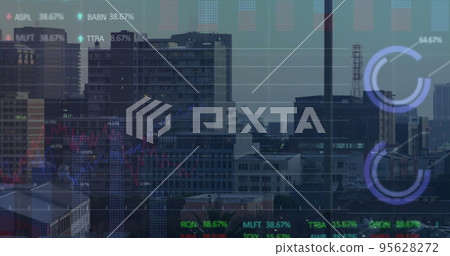 Image of finacial data processing over cityscape 95628272