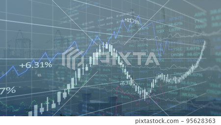 Image of financial graphs and data over cityscape 95628363
