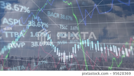 Image of finacial data processing over cityscape 95628369