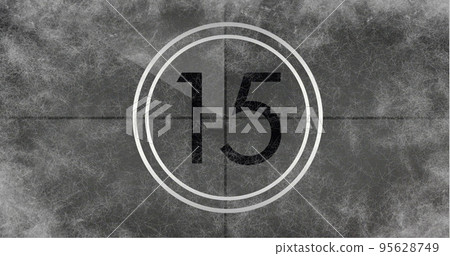 Image of number fifteen in vintage black and white film projector countdown on aged grey background Image of number fifteen in vintage black and white film projector countdown on aged grey background 95628749