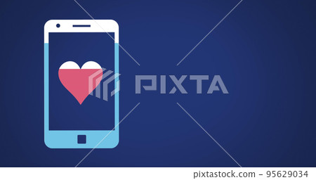 Image of smartphone with heart half filled with colour on blue background 95629034
