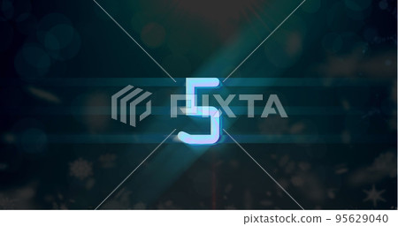 Image of blue retro digital number five in countdown with screen flare on black background 95629040