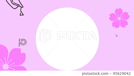 Illustration of white circle with flowers, palette, paintbrush and mortarboard on pink background 95629042
