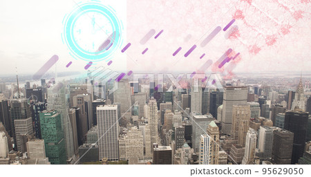 Composite of circle, spherocylinder shapes and dna helix over aerial view of cityscape against sky 95629050