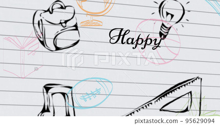 Illustration of happy text with school supplies, light bulb, music icon, balls, globe on page Illustration of happy text with school supplies, light bulb, music icon, balls, globe on page 95629094