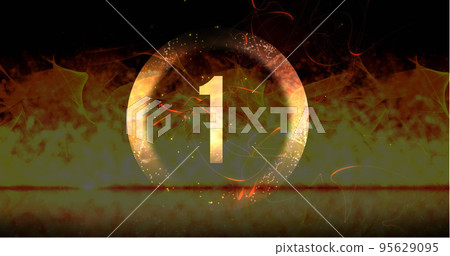 Image of ring and glowing number one in dramatic countdown over flaming fire background Image of ring and glowing number one in dramatic countdown over flaming fire background 95629095