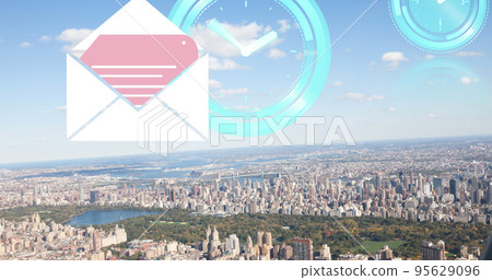 Composite of blue digital clocks, letter and envelope over aerial view of cityscape against sky Composite of blue digital clocks, letter and envelope over aerial view of cityscape against sky 95629096