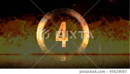 Image of ring and glowing number four in dramatic countdown over flaming fire background Image of ring and glowing number four in dramatic countdown over flaming fire background 95629097
