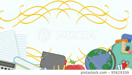 Illustration of yellow abstract pattern with school supplies against white background Illustration of yellow abstract pattern with school supplies against white background 95629109