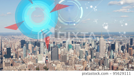 Composite of blue circle, triangles, molecules over aerial view of modern cityscape against sky 95629111