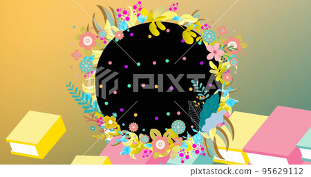 Illustration of black globe with colorful dots, flowers and books on gradient background, copy space 95629112