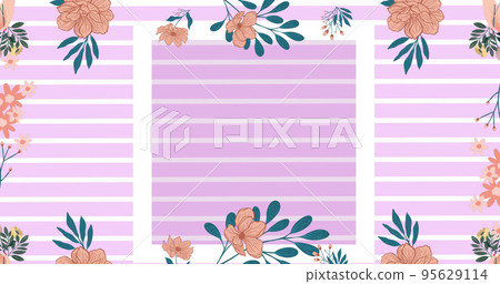 Illustration of flowers with leaves and colorful stripes over white background Illustration of flowers with leaves and colorful stripes over white background 95629114