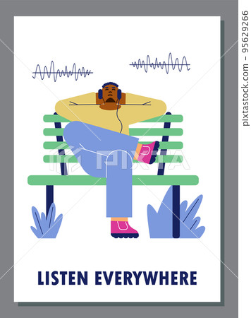 Man sits on bench and listens to music or podcast, poster template - flat vector illustration. 95629266