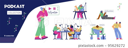 Characters recording and listening audio podcast vector illustration isolated. Characters recording and listening audio podcast vector illustration isolated. 95629272