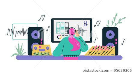 Woman sound designer in headphones working on computer, flat vector illustration isolated on white background. Woman sound designer in headphones working on computer, flat vector illustration isolated on white background. 95629306
