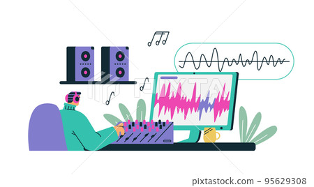 Sound designer audio engineer at workplace flat vector illustration isolated. 95629308
