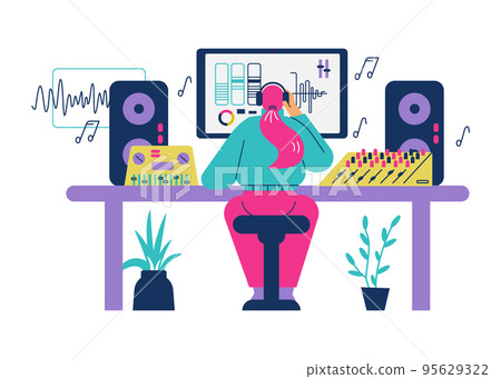 Sound designer or audio engineer creating music on computer, flat vector illustration isolated on white background. 95629322