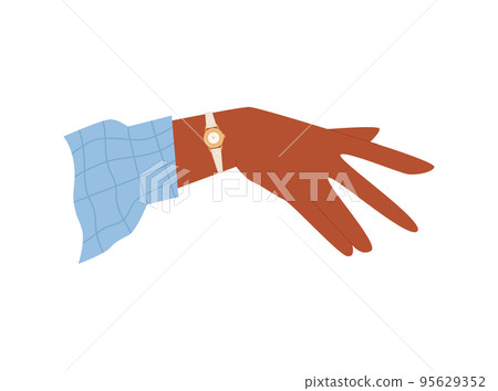 Elegant female hand with wristwatch, flat vector illustration isolated on white background. Elegant female hand with wristwatch, flat vector illustration isolated on white background. 95629352