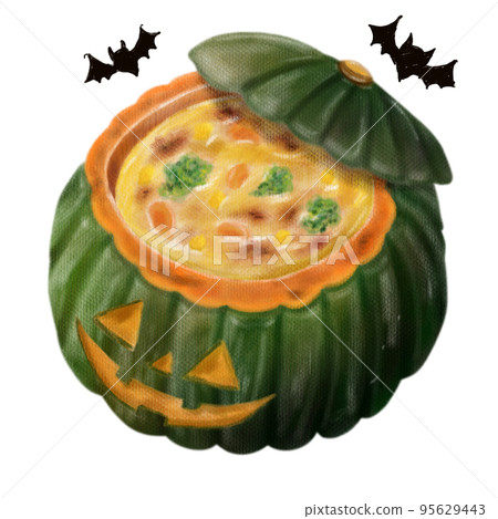 Whole pumpkin gratin Halloween version that looks like it was drawn with colored pencils Whole pumpkin gratin Halloween version that looks like it was drawn with colored pencils 95629443