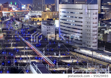 Nagoya City Numerous blue indicator lights on the tracks of Nagoya Station Nagoya City Numerous blue indicator lights on the tracks of Nagoya Station 95629493