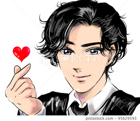 Handsome black-haired male idol Sending a sign of love with a Korean idol-style heart with your finger Color cartoon illustration Handsome black-haired male idol Sending a sign of love with a Korean idol-style heart with your finger Color cartoon illustration 95629593