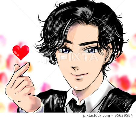 Handsome black-haired male idol Sending a sign of love with a Korean idol-style heart with your finger Color cartoon illustration Handsome black-haired male idol Sending a sign of love with a Korean idol-style heart with your finger Color cartoon illustration 95629594
