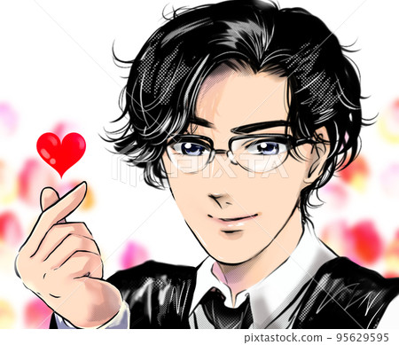 Black-haired handsome man with glasses Male idol Sending a sign of love with a Korean idol-style heart with a finger Color cartoon illustration 95629595