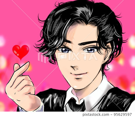 Handsome black-haired male idol Sending a sign of love with a Korean idol-style heart with your finger Color cartoon illustration 95629597
