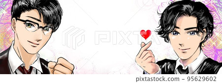 英俊的黑髮眼鏡男偶像用心表達愛意的彩色卡通畫 95629602