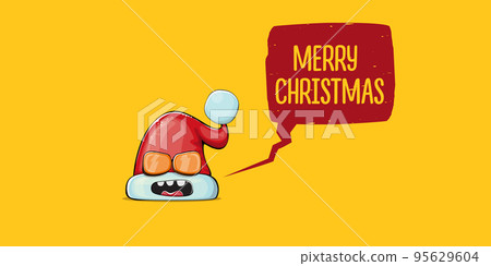 Vector cartoon Santa Claus red hat with smile face isolated on orange horizontal bannner background. Merry Christmas greeting banner with funny monster Santa Claus hat. Santa hat 95629604