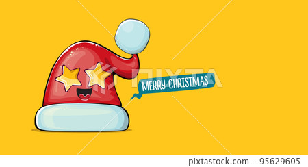 Vector cartoon Santa Claus red hat with smile face isolated on orange horizontal bannner background. Merry Christmas greeting banner with funny monster Santa Claus hat. Santa hat 95629605