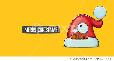 Vector cartoon Santa Claus red hat with smile face isolated on orange horizontal bannner background. Merry Christmas greeting banner with funny monster Santa Claus hat. Santa hat 95629654