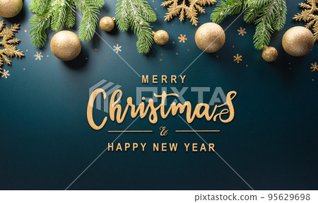 Christmas and new year background concept. Top view of Christmas ball, christmas brance, star and snowflake on dark background. Christmas and new year background concept. Top view of Christmas ball, christmas brance, star and snowflake on dark background. 95629698