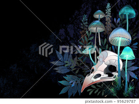 Bird skull with mushrooms 95629787