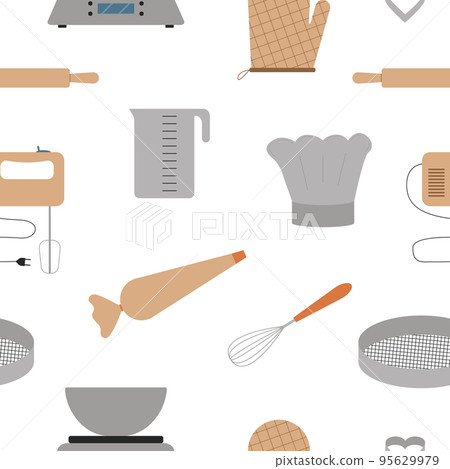 Seamless pattern with baking tools. Cooking equipment. Flat style. Vector. Seamless pattern with baking tools. Cooking equipment. Flat style. Vector. 95629979