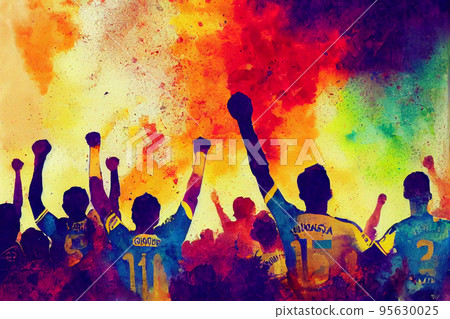 Soccer fans. Football hooligans. Football fans celebrating team victory. Soccer hooligans cheering during the game Soccer fans. Football hooligans. Football fans celebrating team victory. Soccer hooligans cheering during the game 95630025