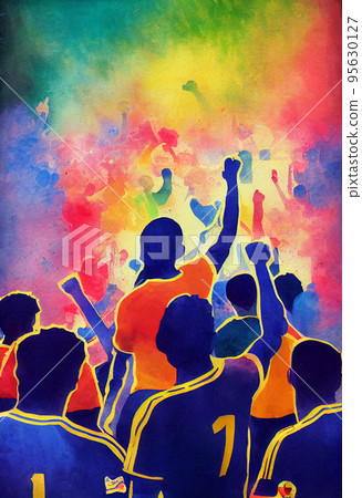 Soccer fans. Football hooligans. Football fans celebrating team victory. Soccer hooligans cheering during the game 95630127