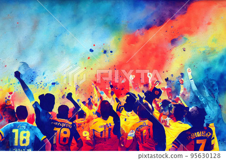 Soccer fans. Football hooligans. Football fans celebrating team victory. Soccer hooligans cheering during the game Soccer fans. Football hooligans. Football fans celebrating team victory. Soccer hooligans cheering during the game 95630128