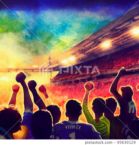 Soccer fans. Football hooligans. Football fans celebrating team victory. Soccer hooligans cheering during the game Soccer fans. Football hooligans. Football fans celebrating team victory. Soccer hooligans cheering during the game 95630129