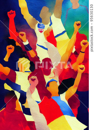 Soccer fans. Football hooligans. Football fans celebrating team victory. Soccer hooligans cheering during the game Soccer fans. Football hooligans. Football fans celebrating team victory. Soccer hooligans cheering during the game 95630130
