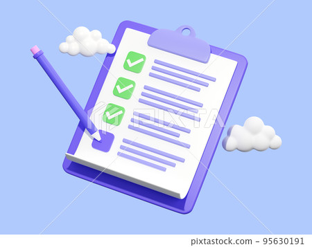 Survey checklist, 3d render illustration, blue background. Clipboard with checked tasks. Concept of online survey, exam note, business contract, research form, evaluation document 95630191